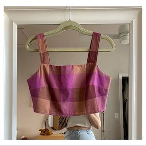 Wide strap plaid/gingham crop top with ruched back. Sz. M